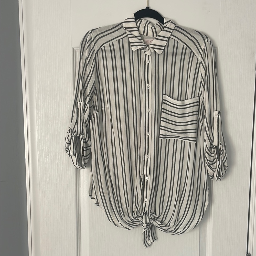Striped Button-Up Blouse with Tie Front